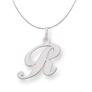 Silver, Ella Collection Medium Fancy Script Initial R Necklace - 20 In